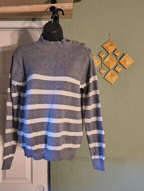 Kirundo Grey White Striped Mock Neck Button Detail Sweater Size S As-Is